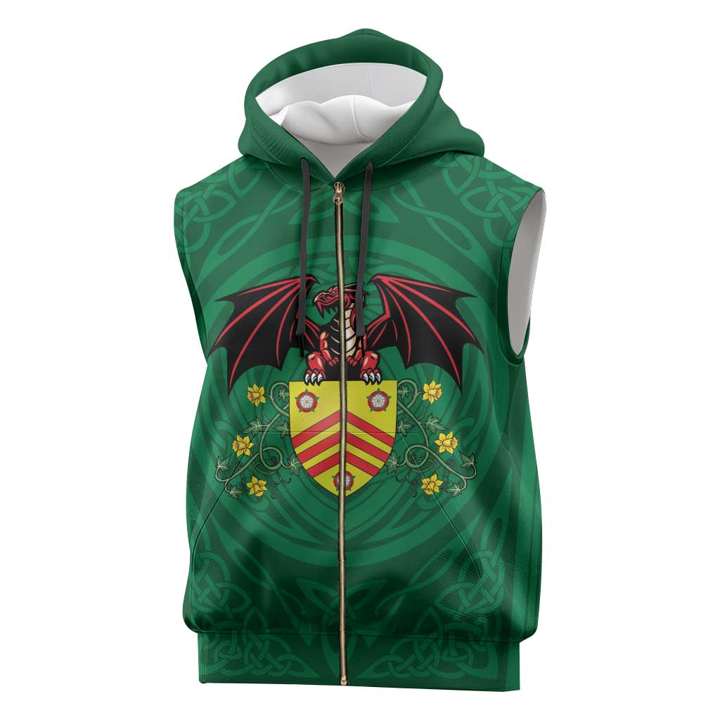 Personalized Glamorgan Wales Sleeveless Zip Hoodie Welsh Red Dragon And Daffodil - Wonder Print Shop