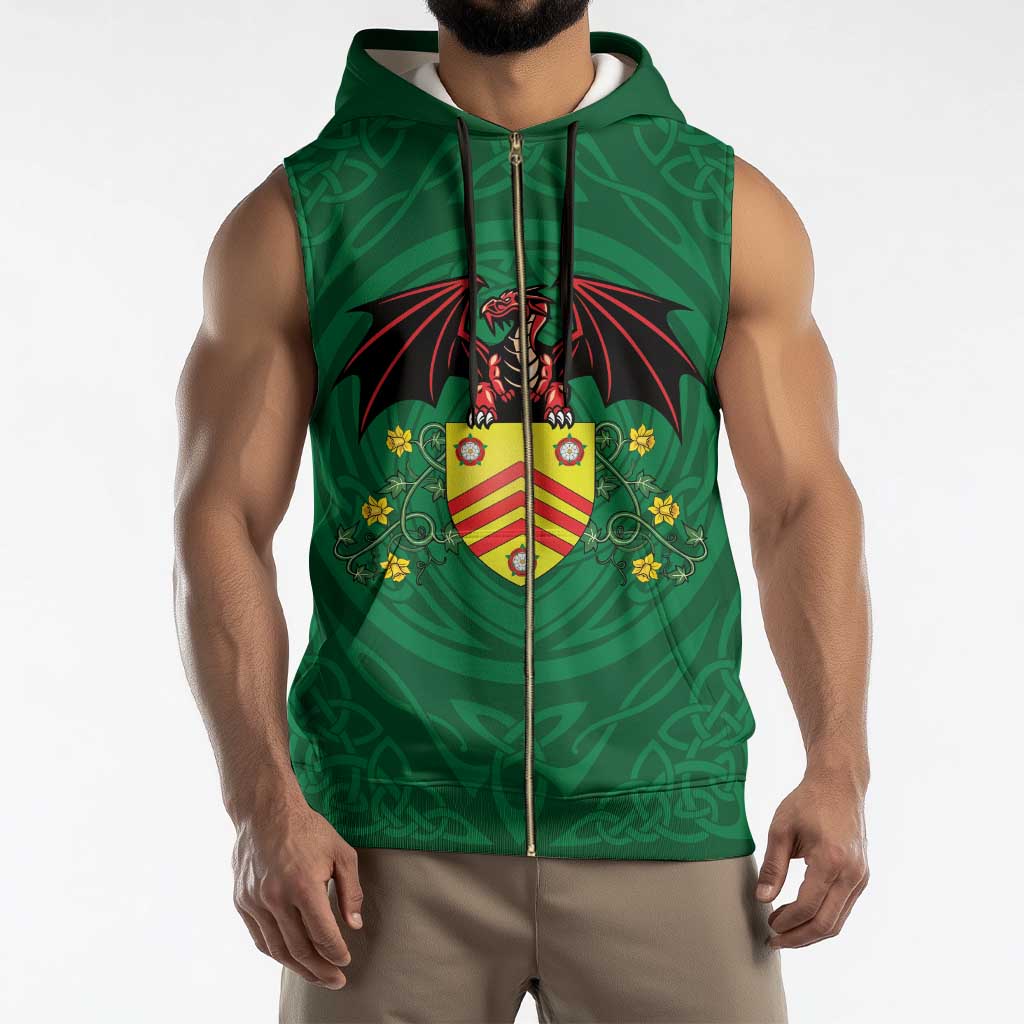 Personalized Glamorgan Wales Sleeveless Zip Hoodie Welsh Red Dragon And Daffodil - Wonder Print Shop
