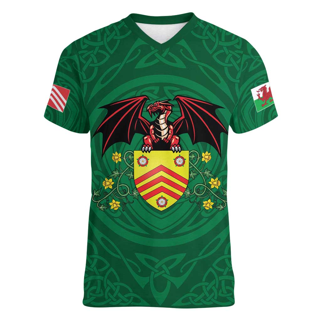 Personalized Glamorgan Wales Women V-Neck T-Shirt Welsh Red Dragon And Daffodil - Wonder Print Shop