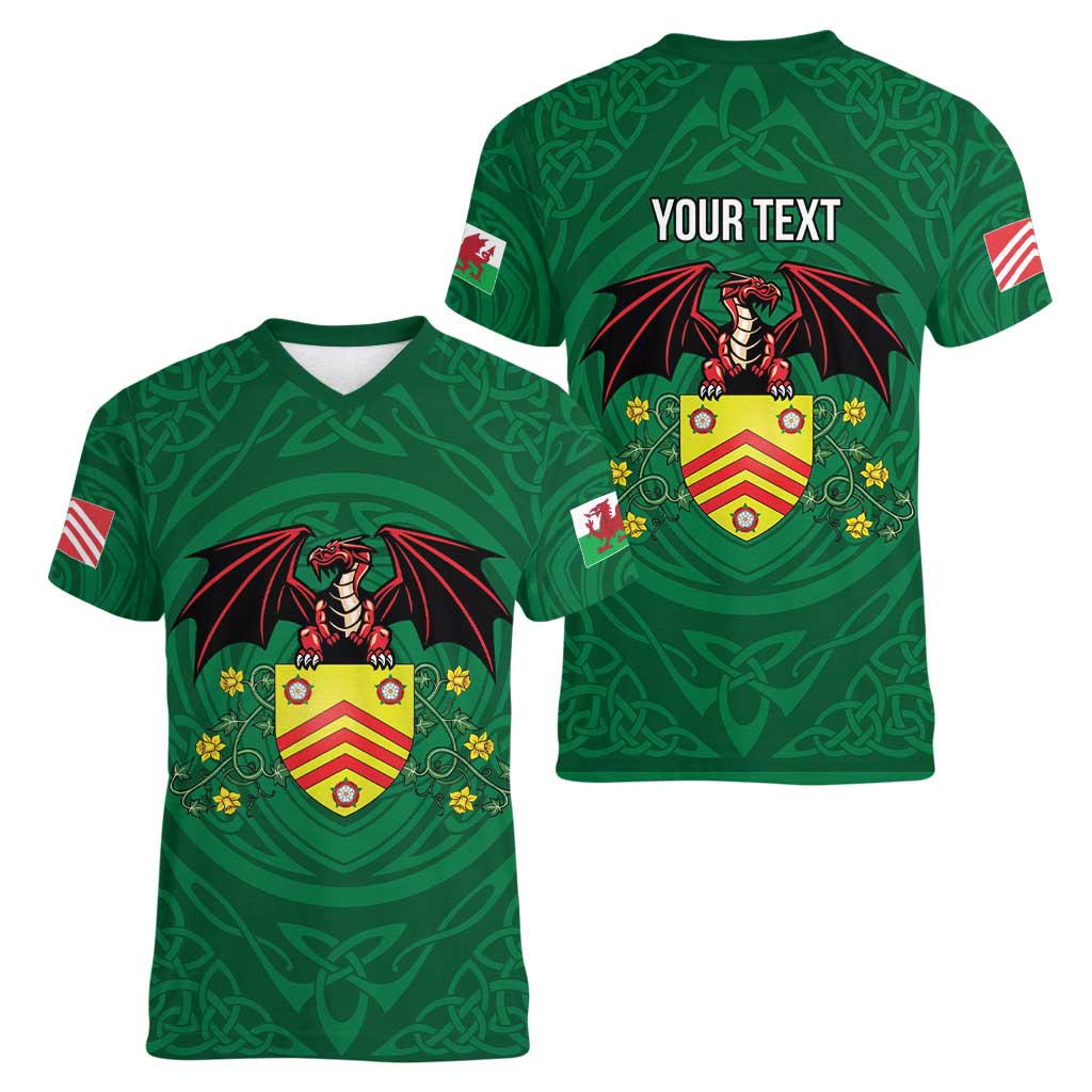 Personalized Glamorgan Wales Women V-Neck T-Shirt Welsh Red Dragon And Daffodil - Wonder Print Shop