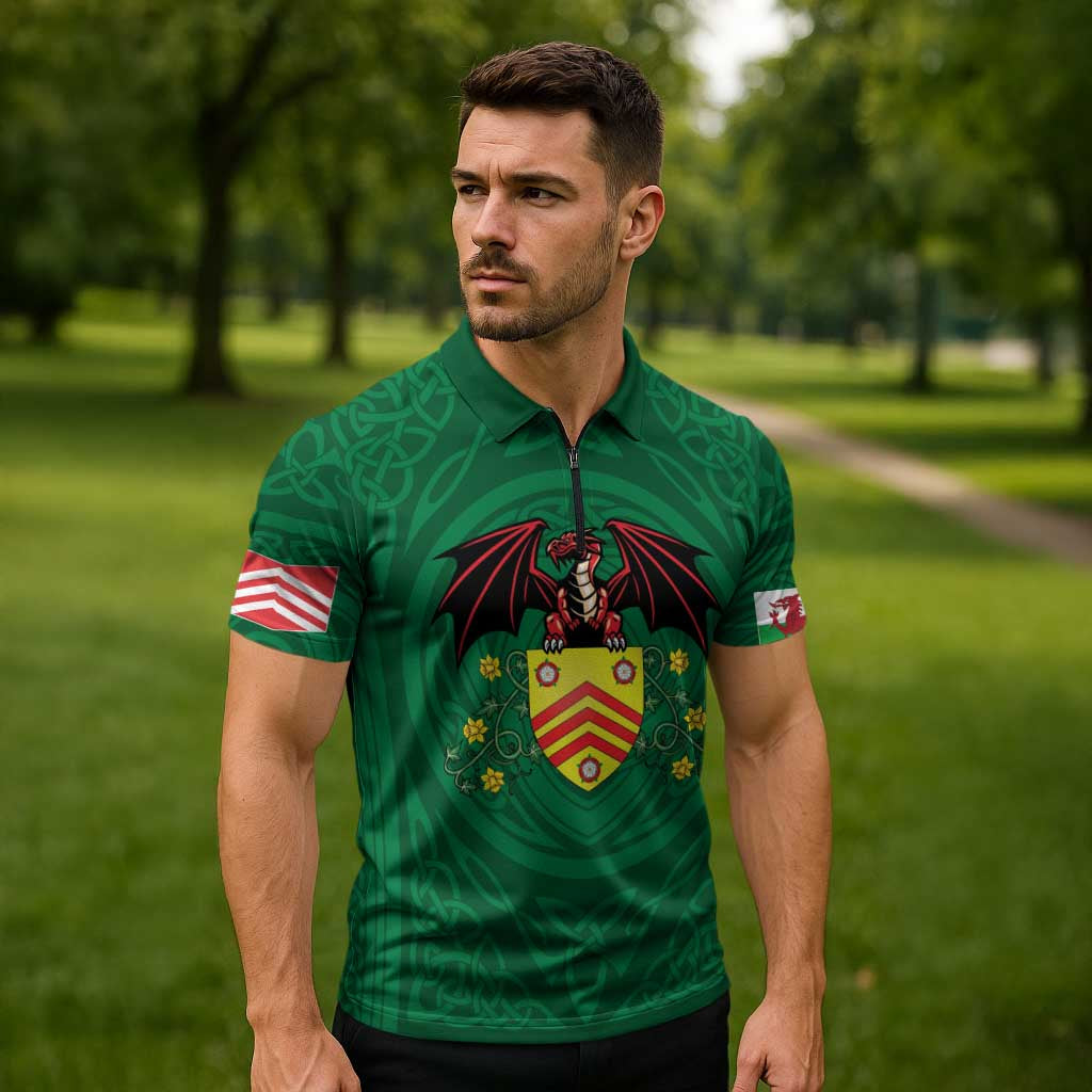 Personalized Glamorgan Wales Zipper Polo Shirt Welsh Red Dragon And Daffodil - Wonder Print Shop