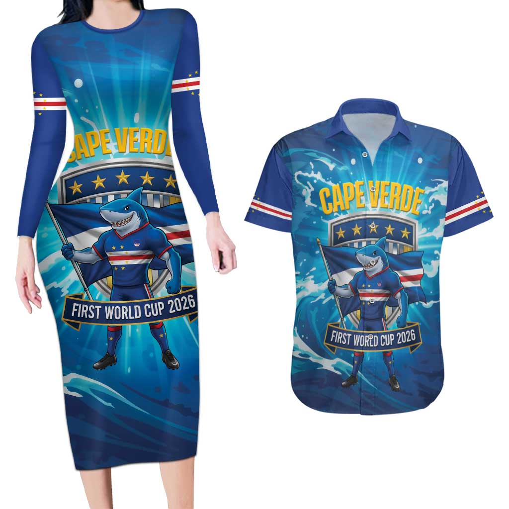 Blue Shark Cape Verde Football Couples Matching Long Sleeve Bodycon Dress and Hawaiian Shirt First World Cup 2026 - Wonder Print Shop