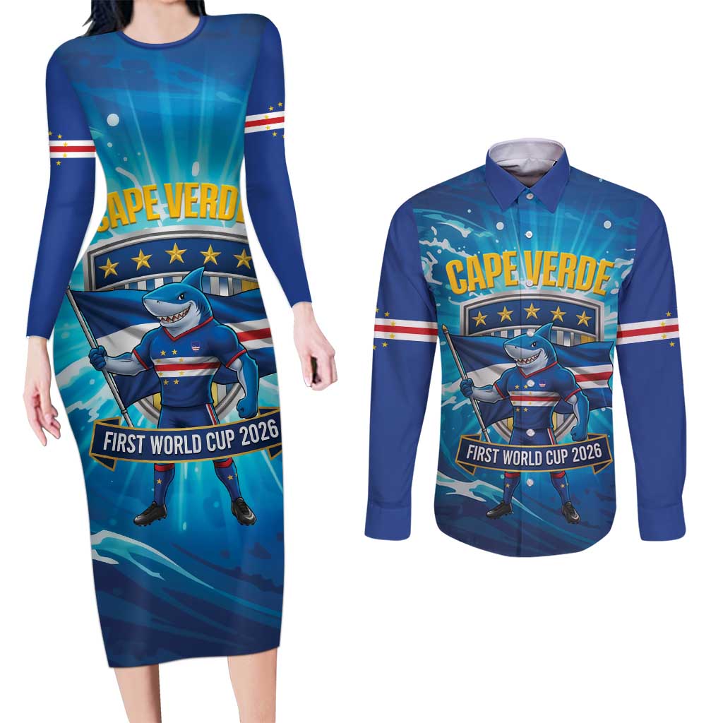 Blue Shark Cape Verde Football Couples Matching Long Sleeve Bodycon Dress and Long Sleeve Button Shirt First World Cup 2026 - Wonder Print Shop
