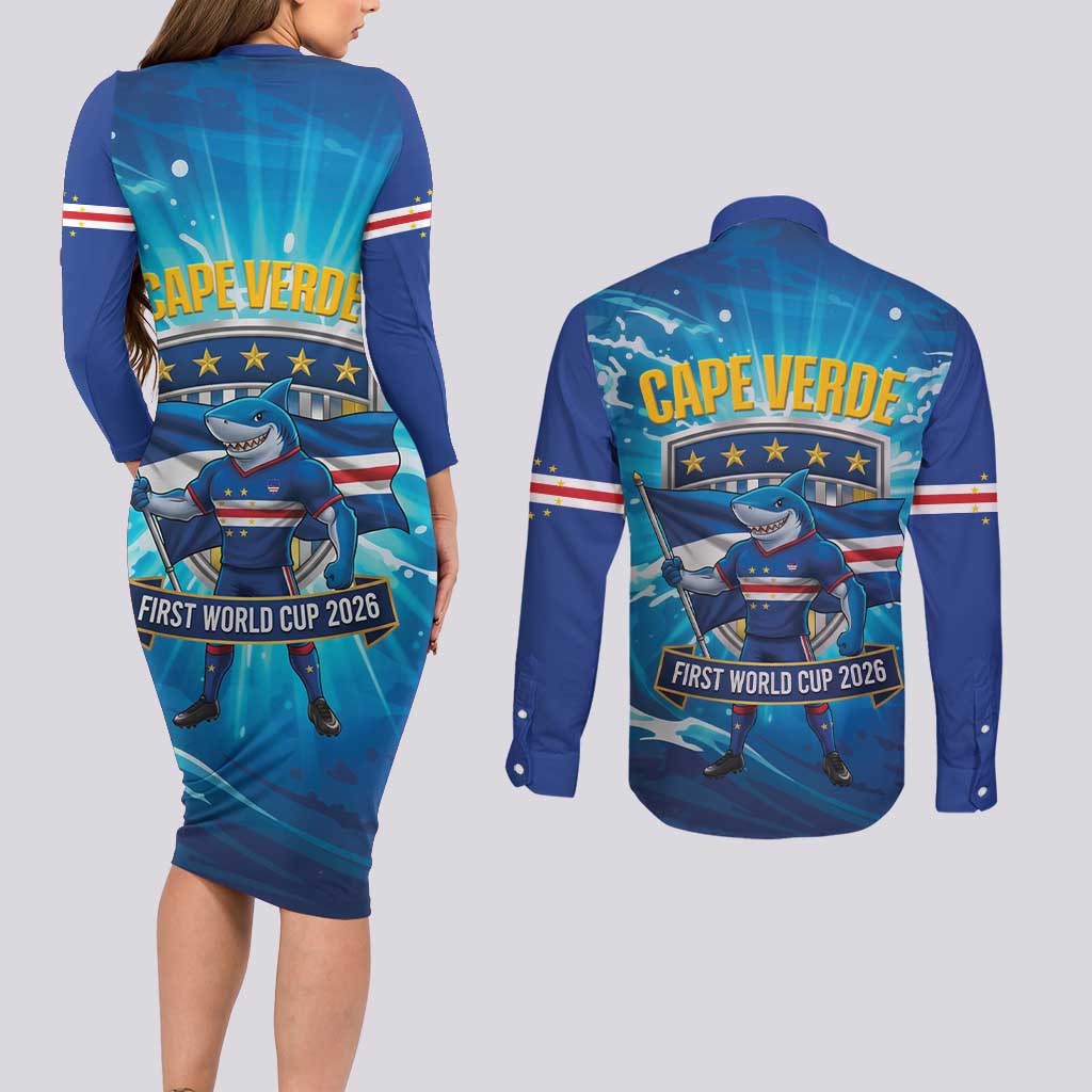 Blue Shark Cape Verde Football Couples Matching Long Sleeve Bodycon Dress and Long Sleeve Button Shirt First World Cup 2026 - Wonder Print Shop