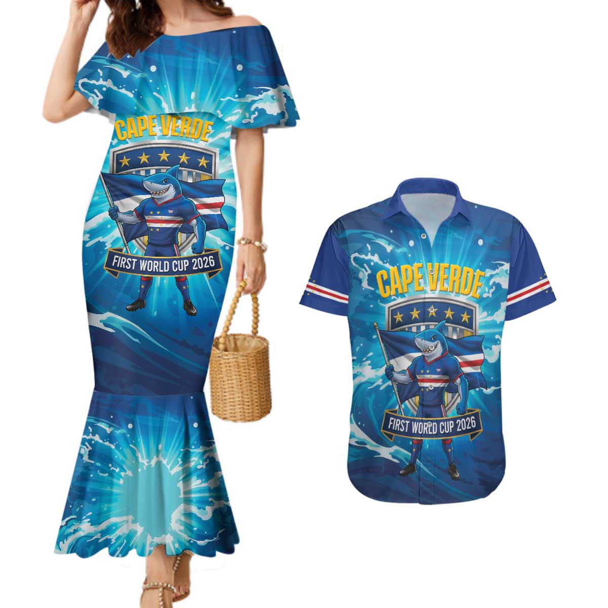 Blue Shark Cape Verde Football Couples Matching Mermaid Dress and Hawaiian Shirt First World Cup 2026 - Wonder Print Shop