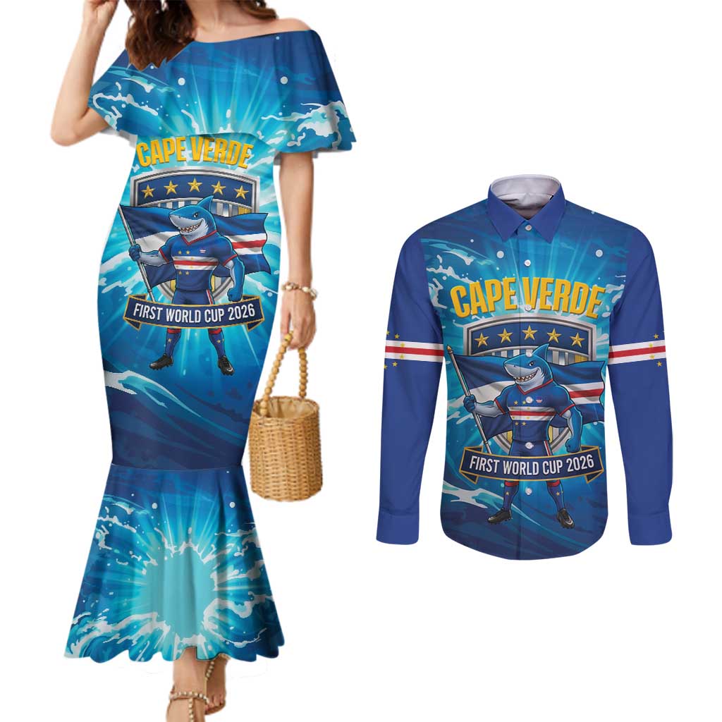 Blue Shark Cape Verde Football Couples Matching Mermaid Dress and Long Sleeve Button Shirt First World Cup 2026 - Wonder Print Shop