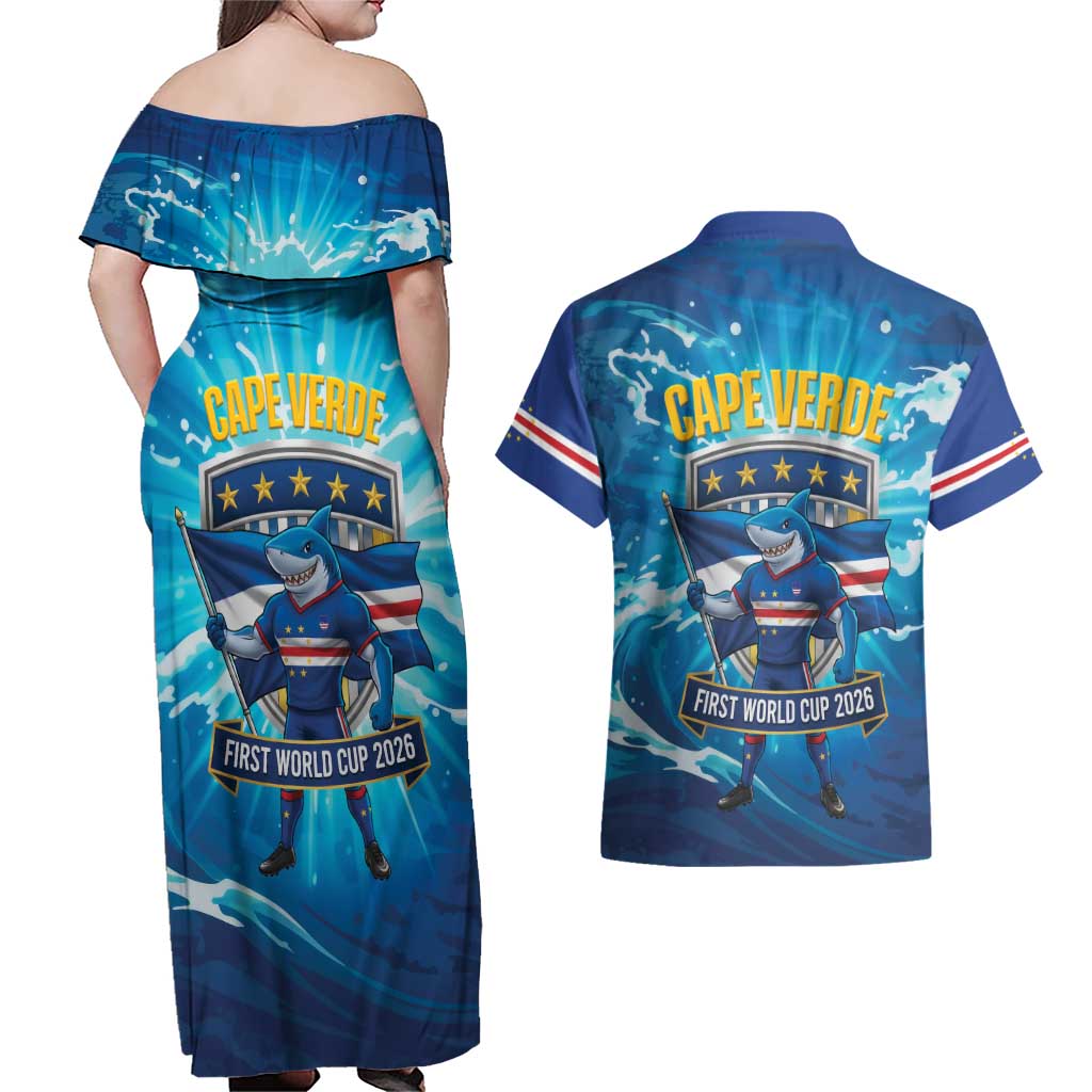 Blue Shark Cape Verde Football Couples Matching Off Shoulder Maxi Dress and Hawaiian Shirt First World Cup 2026 - Wonder Print Shop