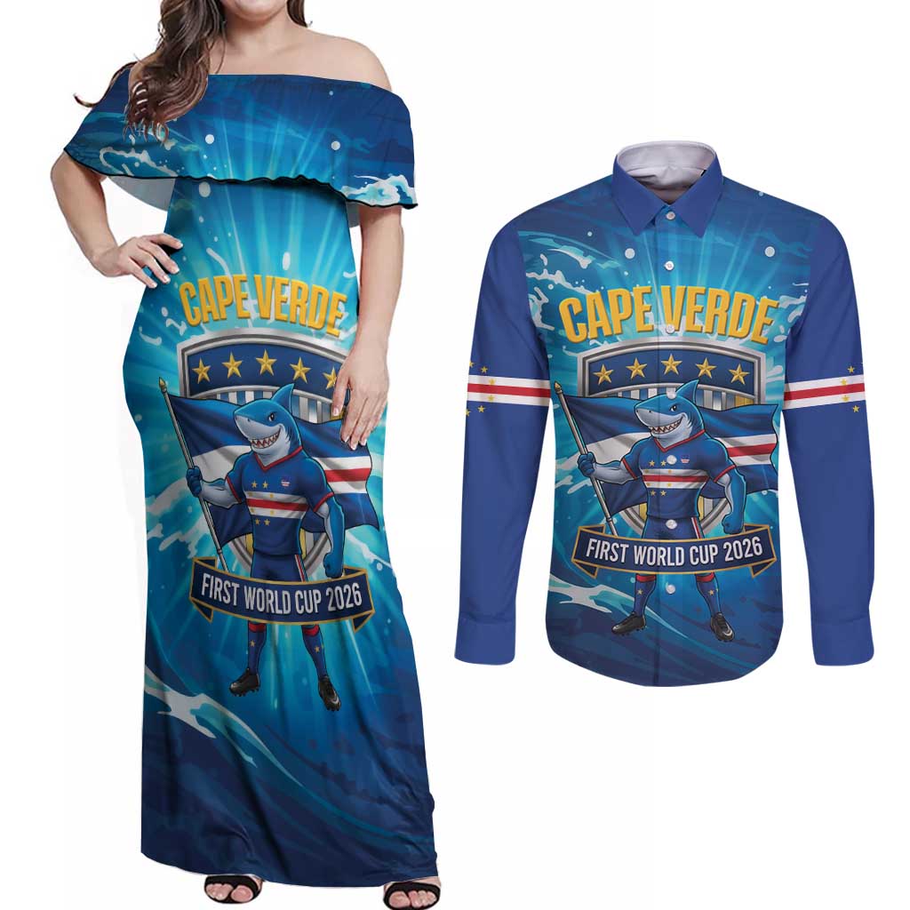 Blue Shark Cape Verde Football Couples Matching Off Shoulder Maxi Dress and Long Sleeve Button Shirt First World Cup 2026 - Wonder Print Shop