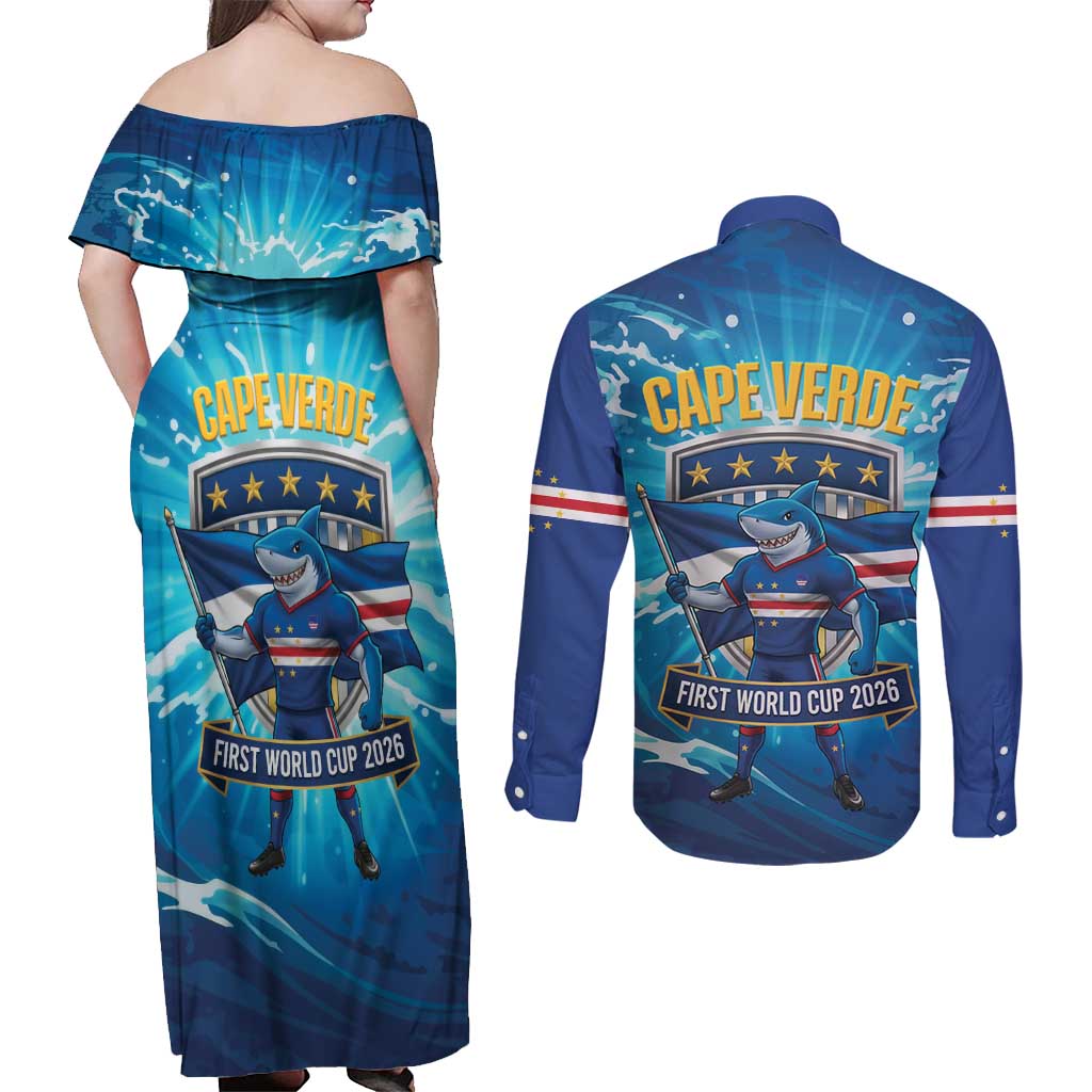 Blue Shark Cape Verde Football Couples Matching Off Shoulder Maxi Dress and Long Sleeve Button Shirt First World Cup 2026 - Wonder Print Shop