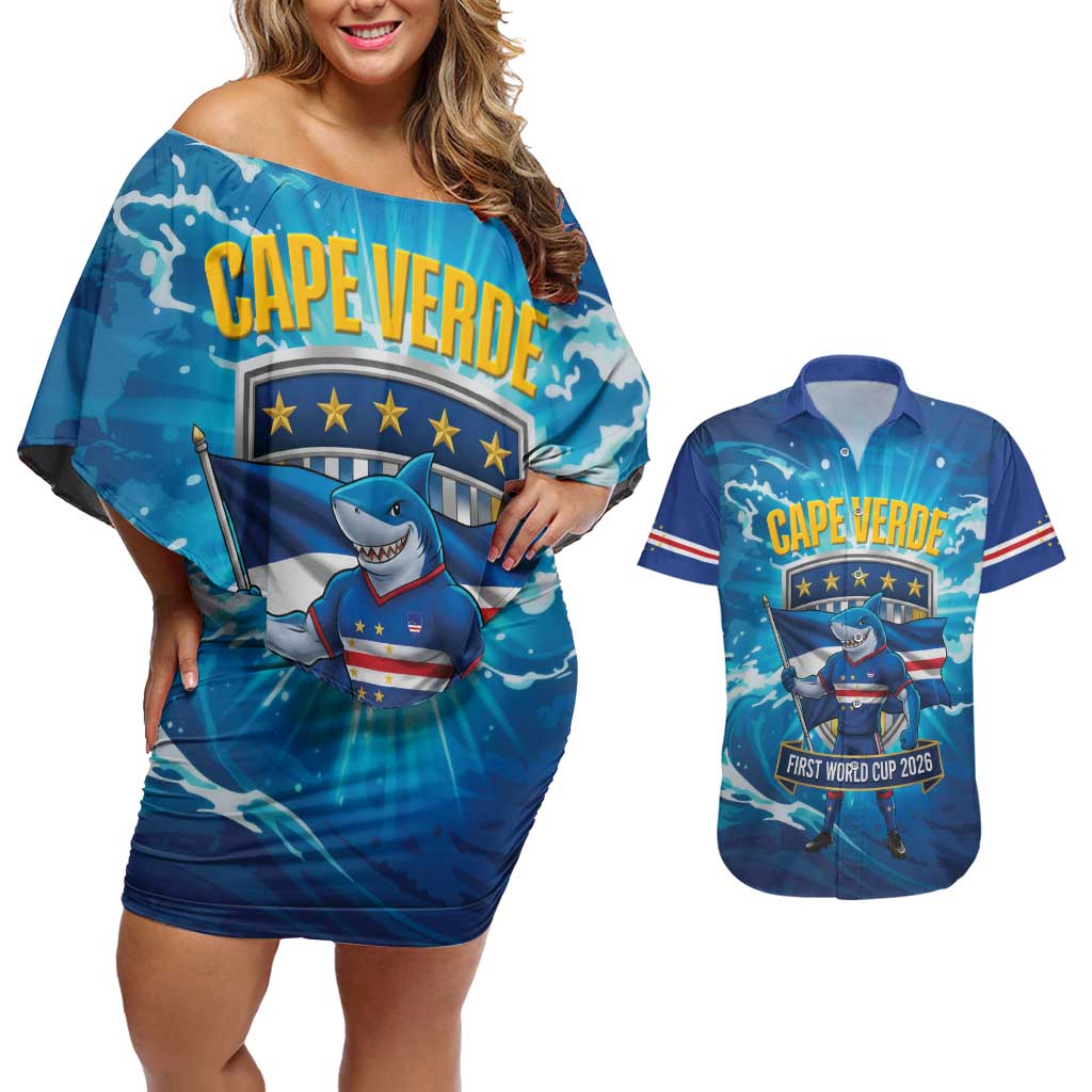 Blue Shark Cape Verde Football Couples Matching Off Shoulder Short Dress and Hawaiian Shirt First World Cup 2026 - Wonder Print Shop
