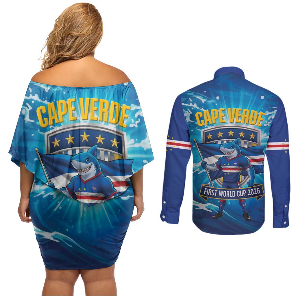 Blue Shark Cape Verde Football Couples Matching Off Shoulder Short Dress and Long Sleeve Button Shirt First World Cup 2026 - Wonder Print Shop