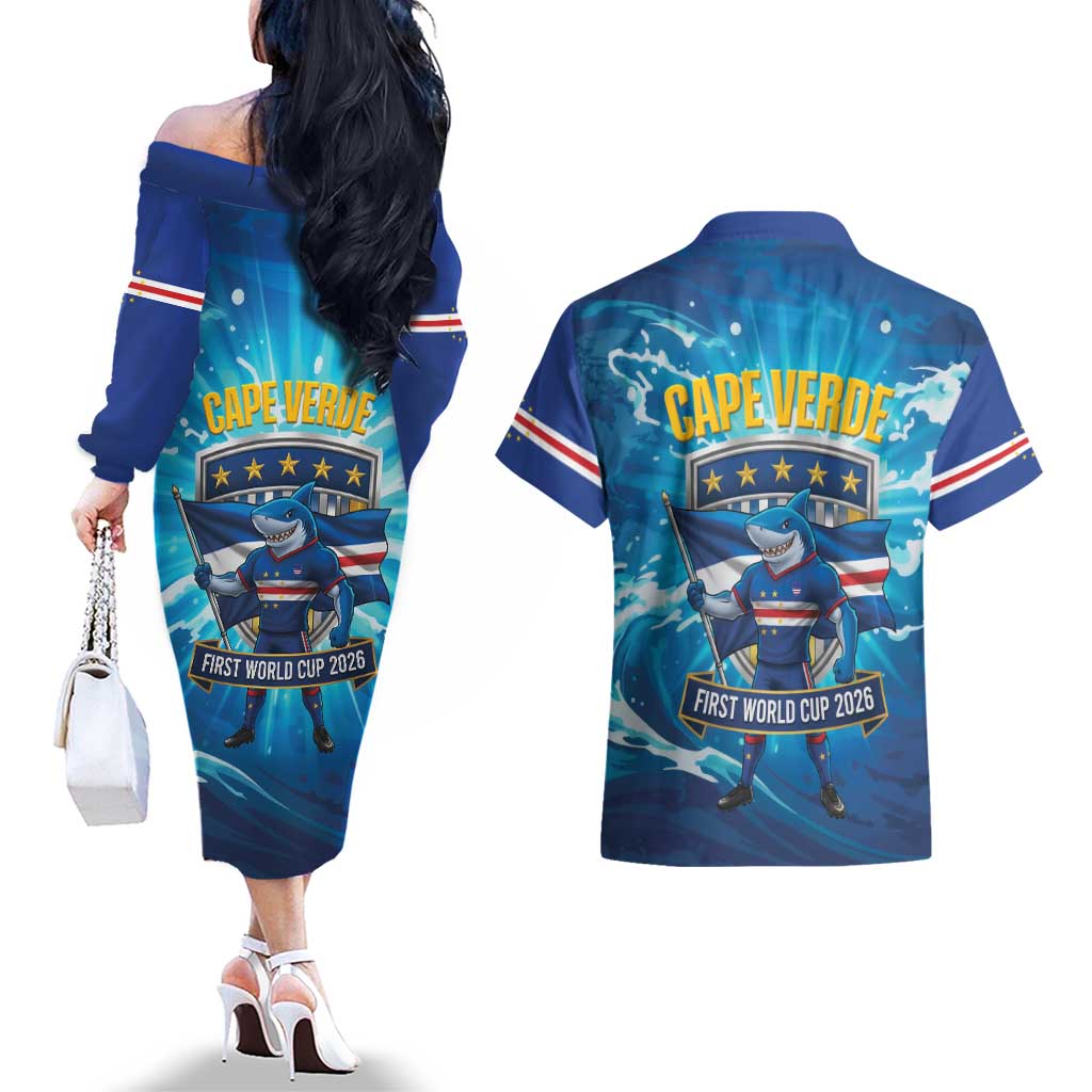 Blue Shark Cape Verde Football Couples Matching Off The Shoulder Long Sleeve Dress and Hawaiian Shirt First World Cup 2026 - Wonder Print Shop