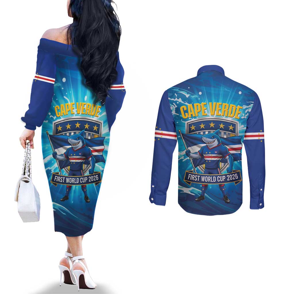 Blue Shark Cape Verde Football Couples Matching Off The Shoulder Long Sleeve Dress and Long Sleeve Button Shirt First World Cup 2026 - Wonder Print Shop