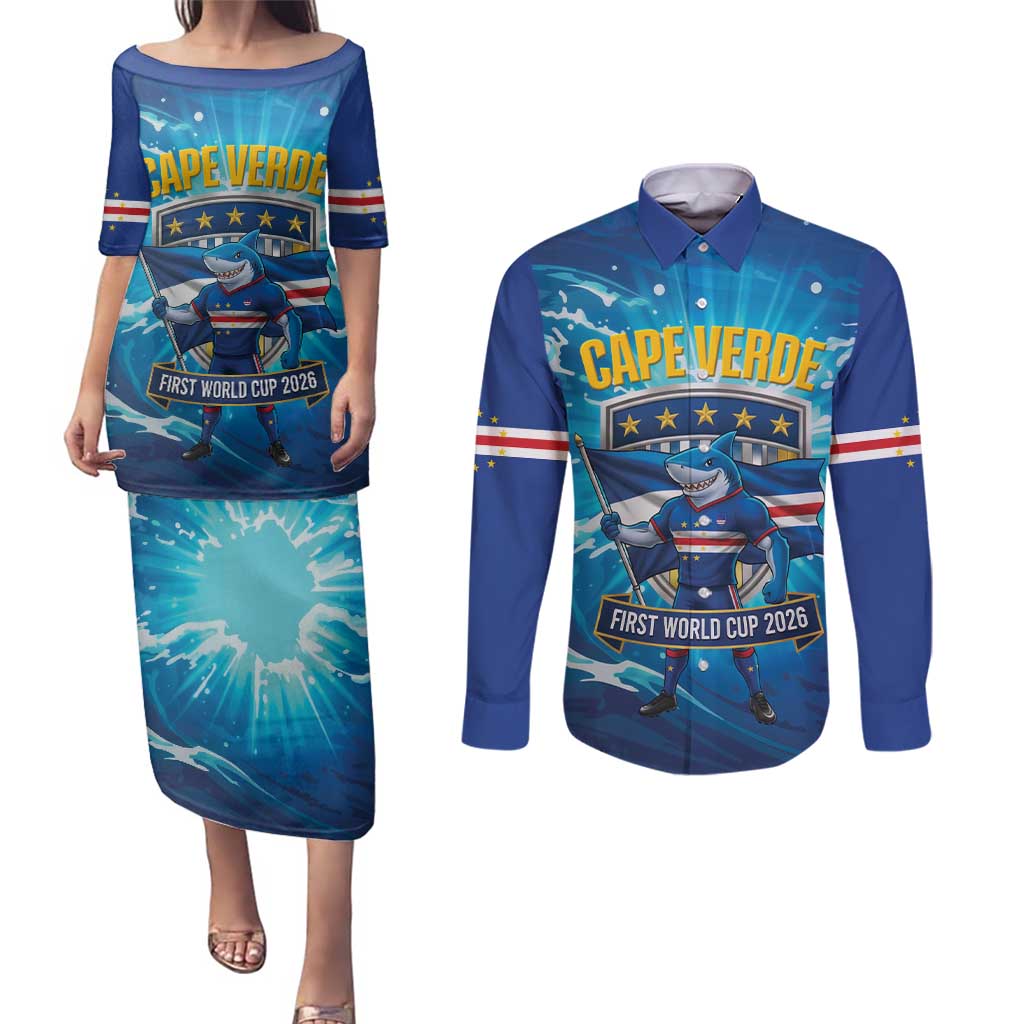 Blue Shark Cape Verde Football Couples Matching Puletasi and Long Sleeve Button Shirt First World Cup 2026 - Wonder Print Shop