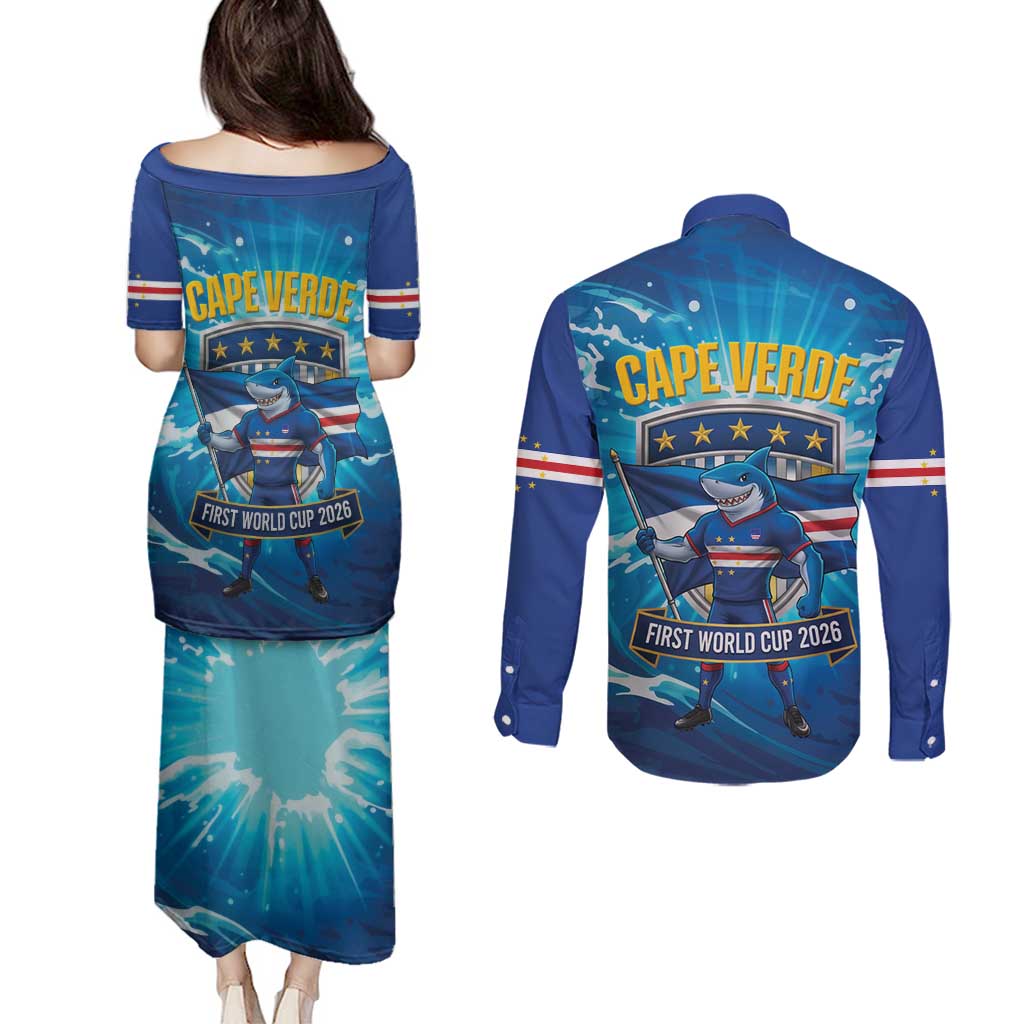 Blue Shark Cape Verde Football Couples Matching Puletasi and Long Sleeve Button Shirt First World Cup 2026 - Wonder Print Shop