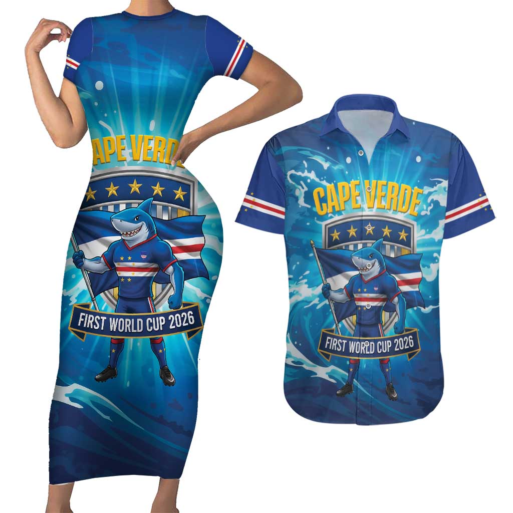 Blue Shark Cape Verde Football Couples Matching Short Sleeve Bodycon Dress and Hawaiian Shirt First World Cup 2026 - Wonder Print Shop