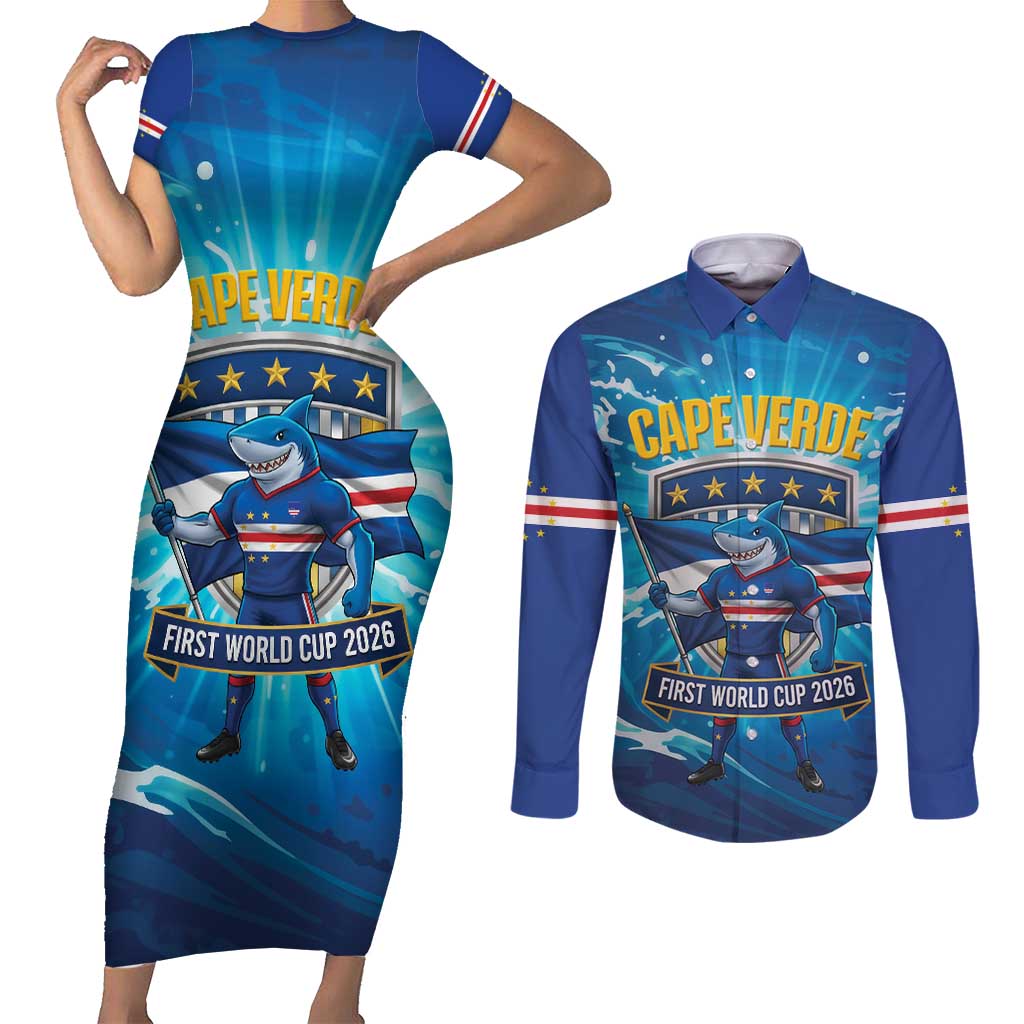 Blue Shark Cape Verde Football Couples Matching Short Sleeve Bodycon Dress and Long Sleeve Button Shirt First World Cup 2026 - Wonder Print Shop
