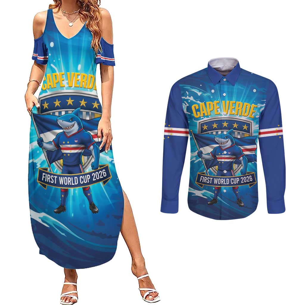 Blue Shark Cape Verde Football Couples Matching Summer Maxi Dress and Long Sleeve Button Shirt First World Cup 2026 - Wonder Print Shop