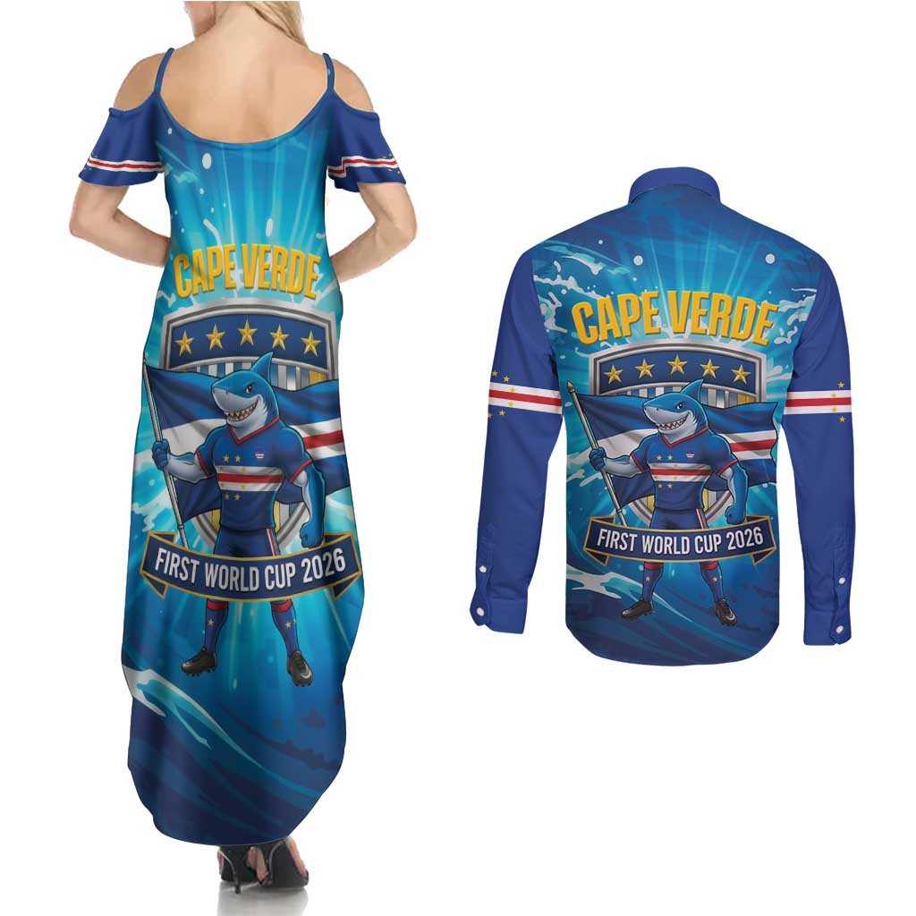Blue Shark Cape Verde Football Couples Matching Summer Maxi Dress and Long Sleeve Button Shirt First World Cup 2026 - Wonder Print Shop