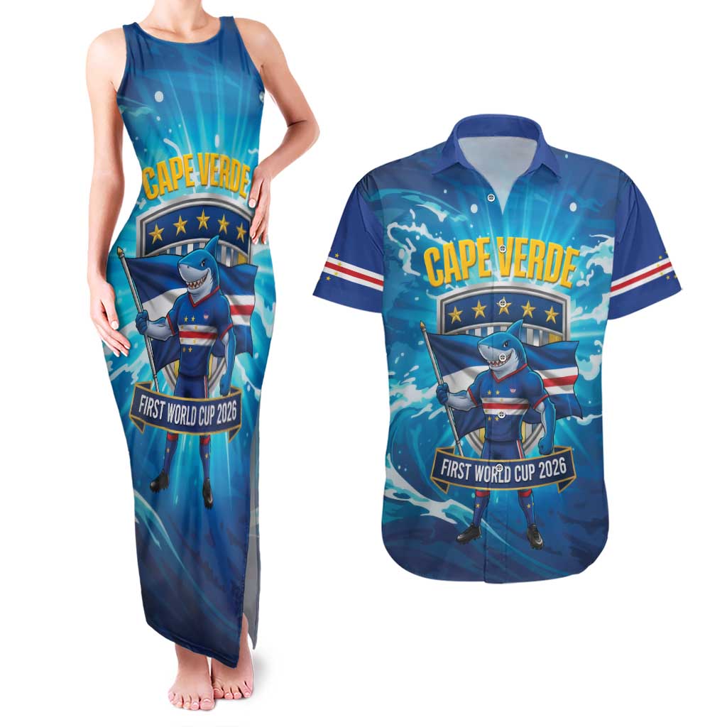 Blue Shark Cape Verde Football Couples Matching Tank Maxi Dress and Hawaiian Shirt First World Cup 2026 - Wonder Print Shop