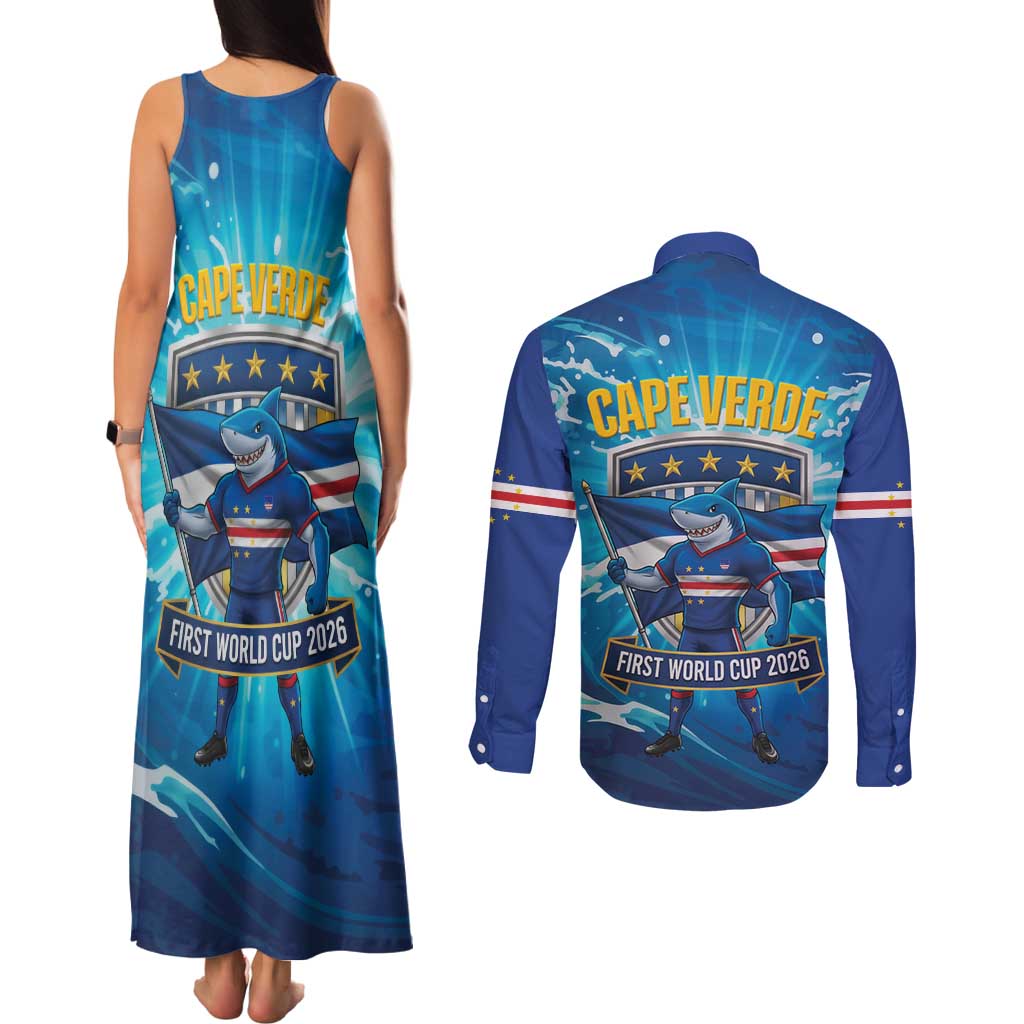 Blue Shark Cape Verde Football Couples Matching Tank Maxi Dress and Long Sleeve Button Shirt First World Cup 2026 - Wonder Print Shop
