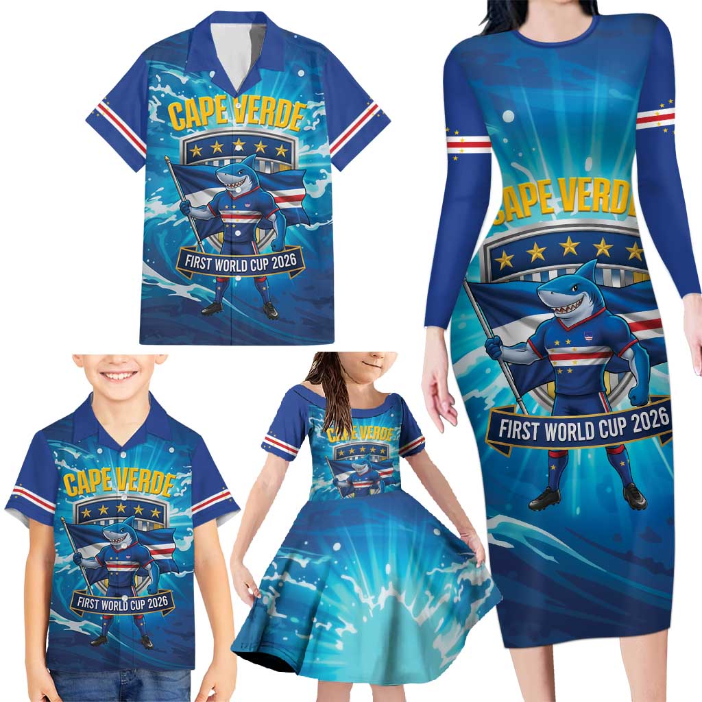 Blue Shark Cape Verde Football Family Matching Long Sleeve Bodycon Dress and Hawaiian Shirt First World Cup 2026 - Wonder Print Shop