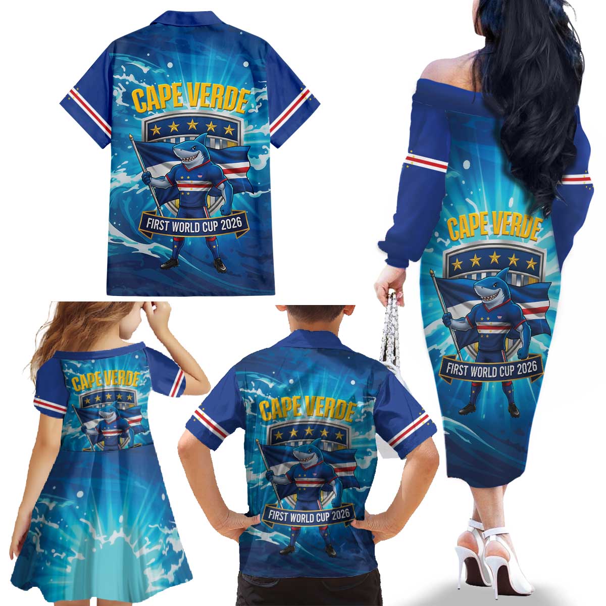 Blue Shark Cape Verde Football Family Matching Off The Shoulder Long Sleeve Dress and Hawaiian Shirt First World Cup 2026 - Wonder Print Shop
