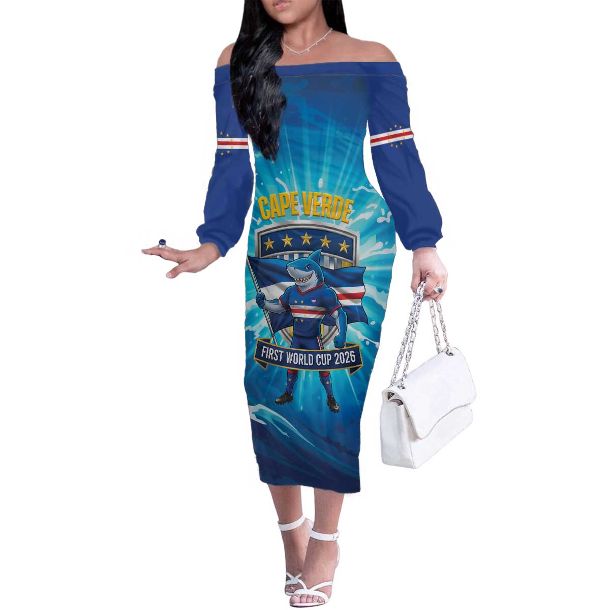 Blue Shark Cape Verde Football Family Matching Off The Shoulder Long Sleeve Dress and Hawaiian Shirt First World Cup 2026 - Wonder Print Shop