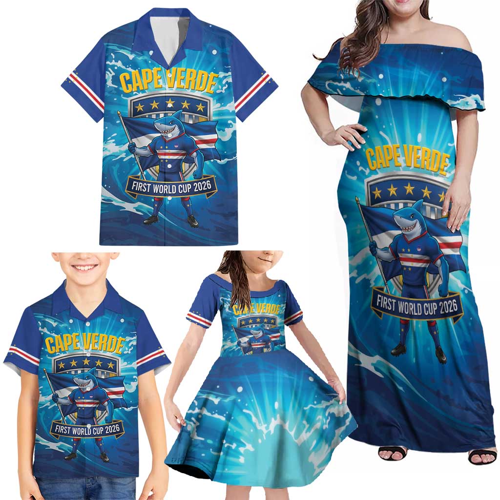 Blue Shark Cape Verde Football Family Matching Off Shoulder Maxi Dress and Hawaiian Shirt First World Cup 2026 - Wonder Print Shop
