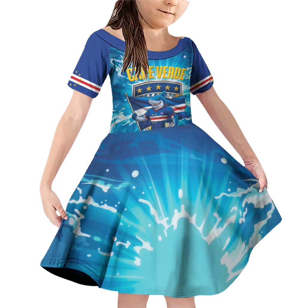 Blue Shark Cape Verde Football Family Matching Off Shoulder Short Dress and Hawaiian Shirt First World Cup 2026 - Wonder Print Shop