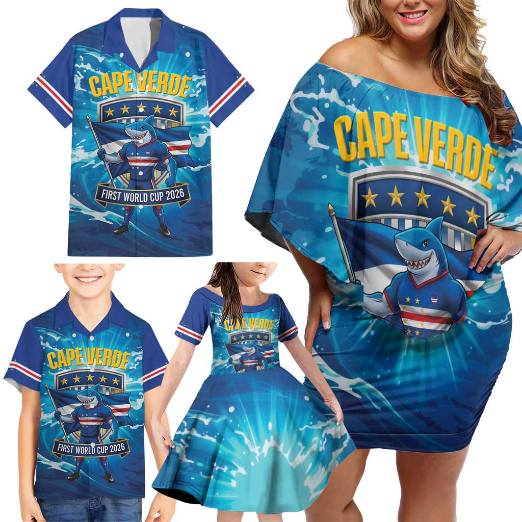 Blue Shark Cape Verde Football Family Matching Off Shoulder Short Dress and Hawaiian Shirt First World Cup 2026 - Wonder Print Shop