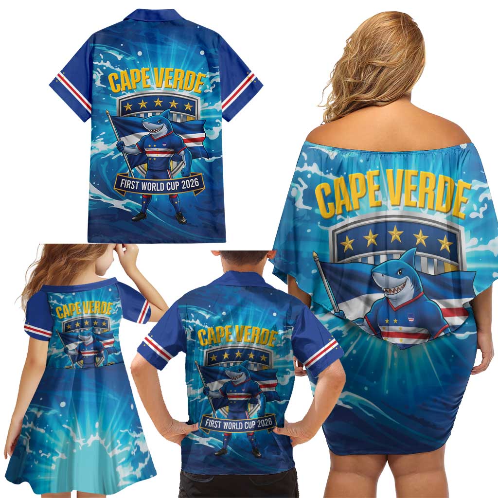 Blue Shark Cape Verde Football Family Matching Off Shoulder Short Dress and Hawaiian Shirt First World Cup 2026 - Wonder Print Shop