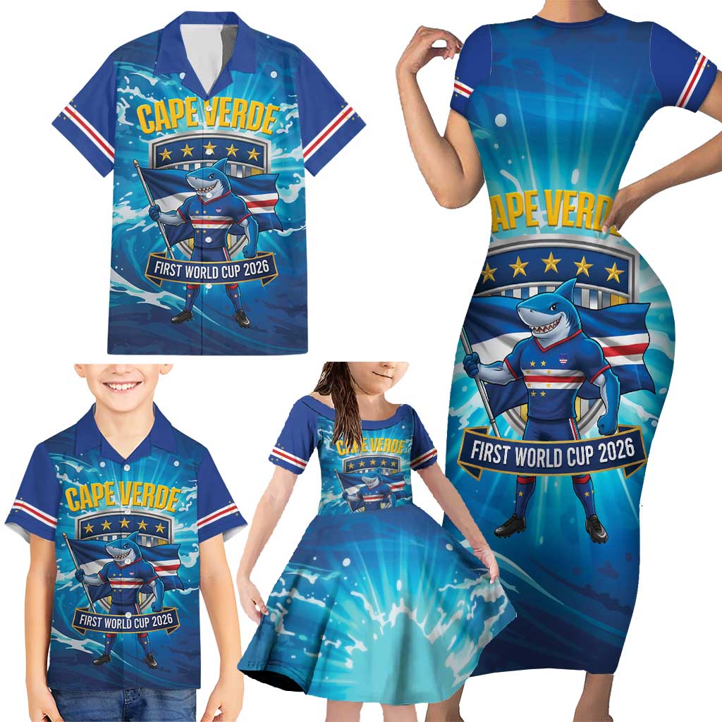 Blue Shark Cape Verde Football Family Matching Short Sleeve Bodycon Dress and Hawaiian Shirt First World Cup 2026 - Wonder Print Shop