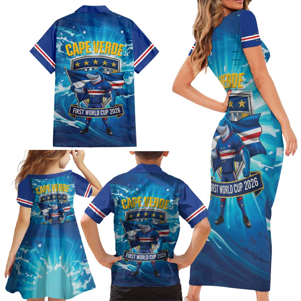 Blue Shark Cape Verde Football Family Matching Short Sleeve Bodycon Dress and Hawaiian Shirt First World Cup 2026 - Wonder Print Shop
