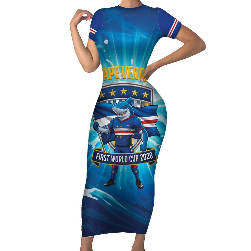 Blue Shark Cape Verde Football Family Matching Short Sleeve Bodycon Dress and Hawaiian Shirt First World Cup 2026 - Wonder Print Shop