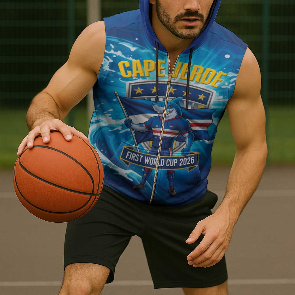 Blue Shark Cape Verde Football Sleeveless Zip Hoodie First World Cup 2026 - Wonder Print Shop