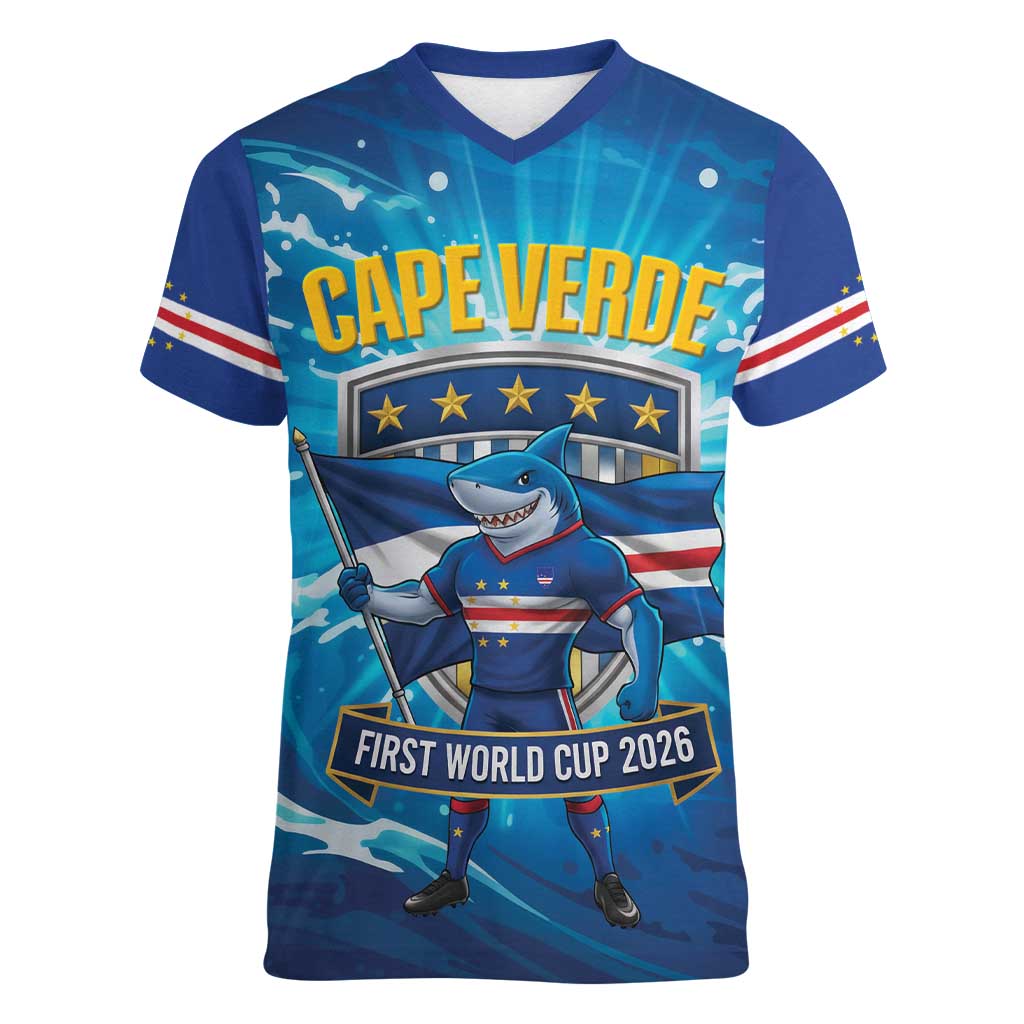 Blue Shark Cape Verde Football Women V-Neck T-Shirt First World Cup 2026 - Wonder Print Shop
