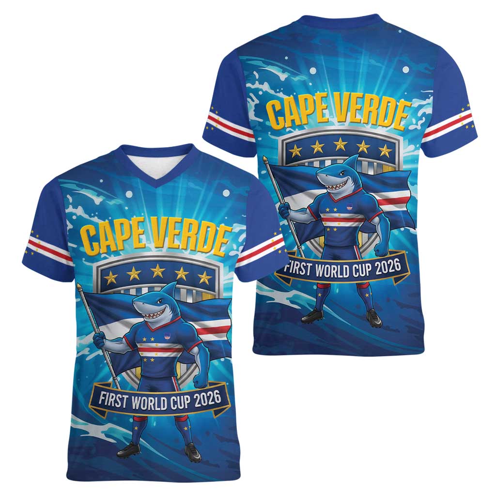 Blue Shark Cape Verde Football Women V-Neck T-Shirt First World Cup 2026 - Wonder Print Shop