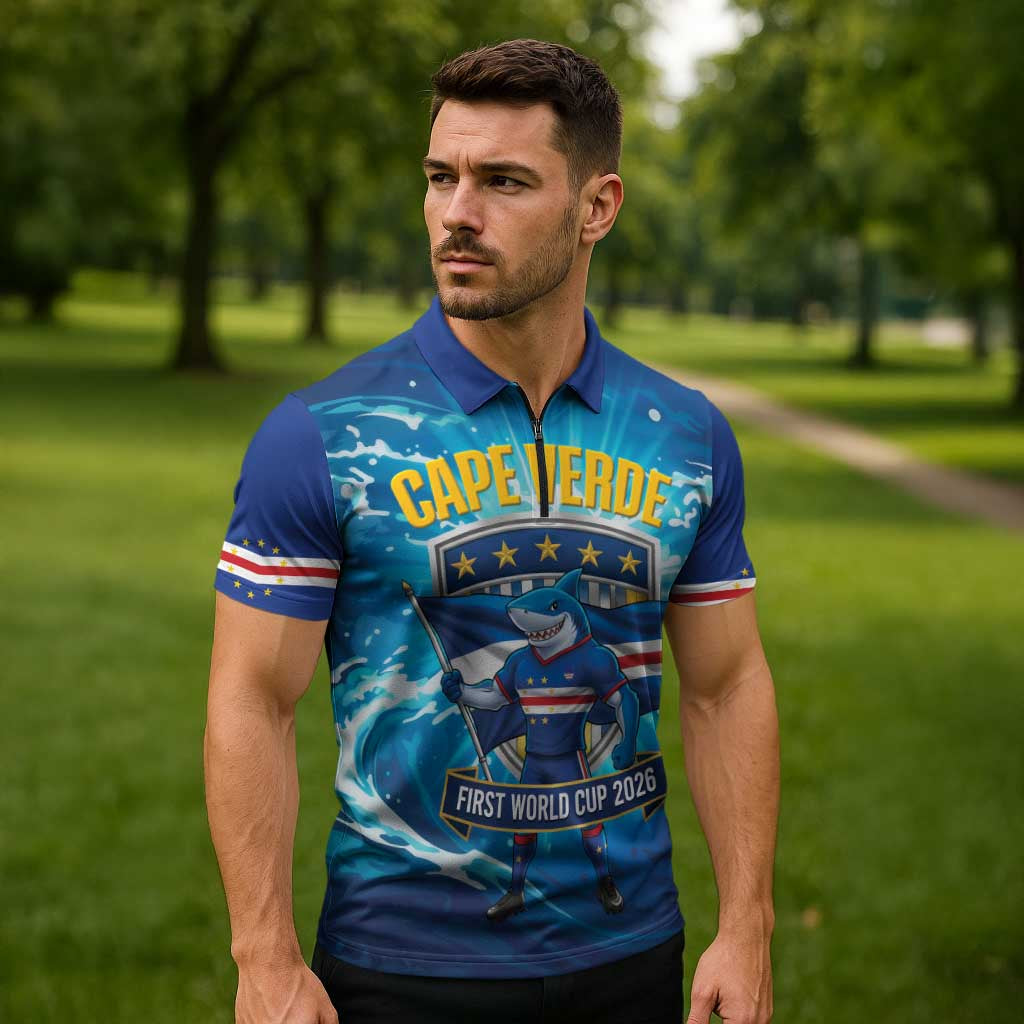 Blue Shark Cape Verde Football Zipper Polo Shirt First World Cup 2026 - Wonder Print Shop