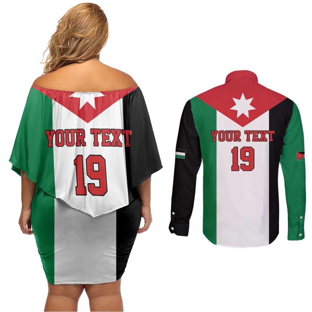 Custom World Football 2026 Jordan Couples Matching Off Shoulder Short Dress and Long Sleeve Button Shirt Eagle Rising Road To Champion - Wonder Print Shop