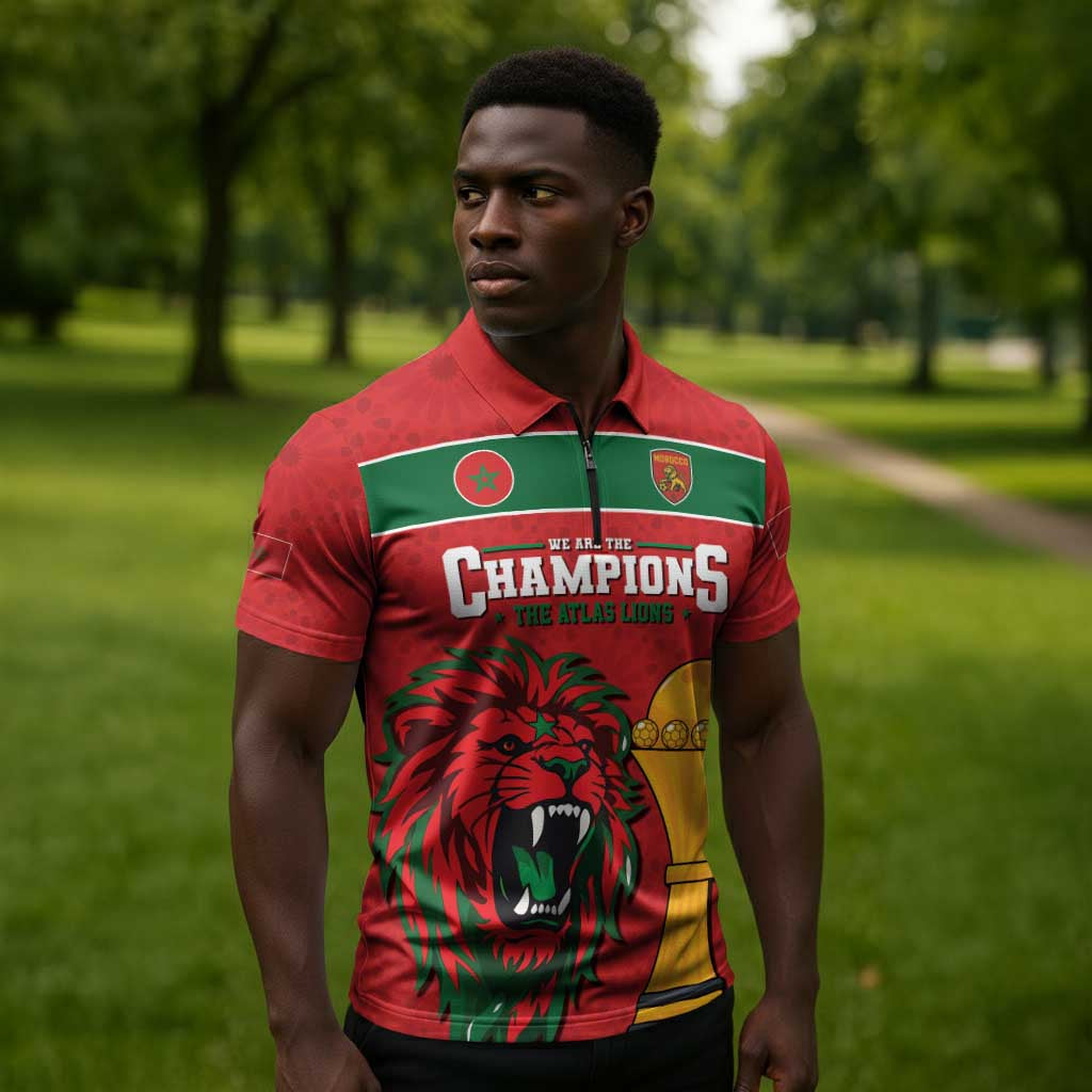 Morocco Champions Football Custom Zipper Polo Shirt Atlas Lions Rise