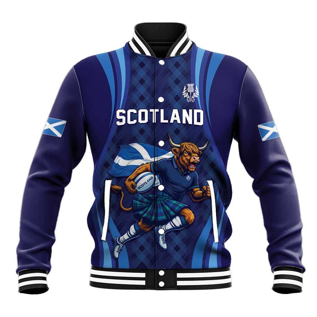 Custom Rugby Scotland Baseball Jacket Highland Cow Mascot Go Scottish