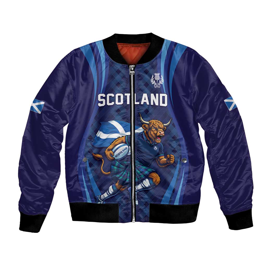 Custom Rugby Scotland Bomber Jacket Highland Cow Mascot Go Scottish