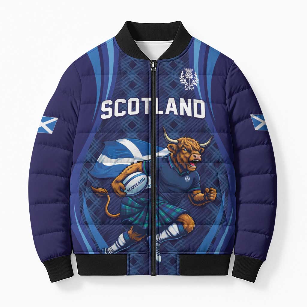 Custom Rugby Scotland Bomber Puffer Jacket Highland Cow Mascot Go Scottish