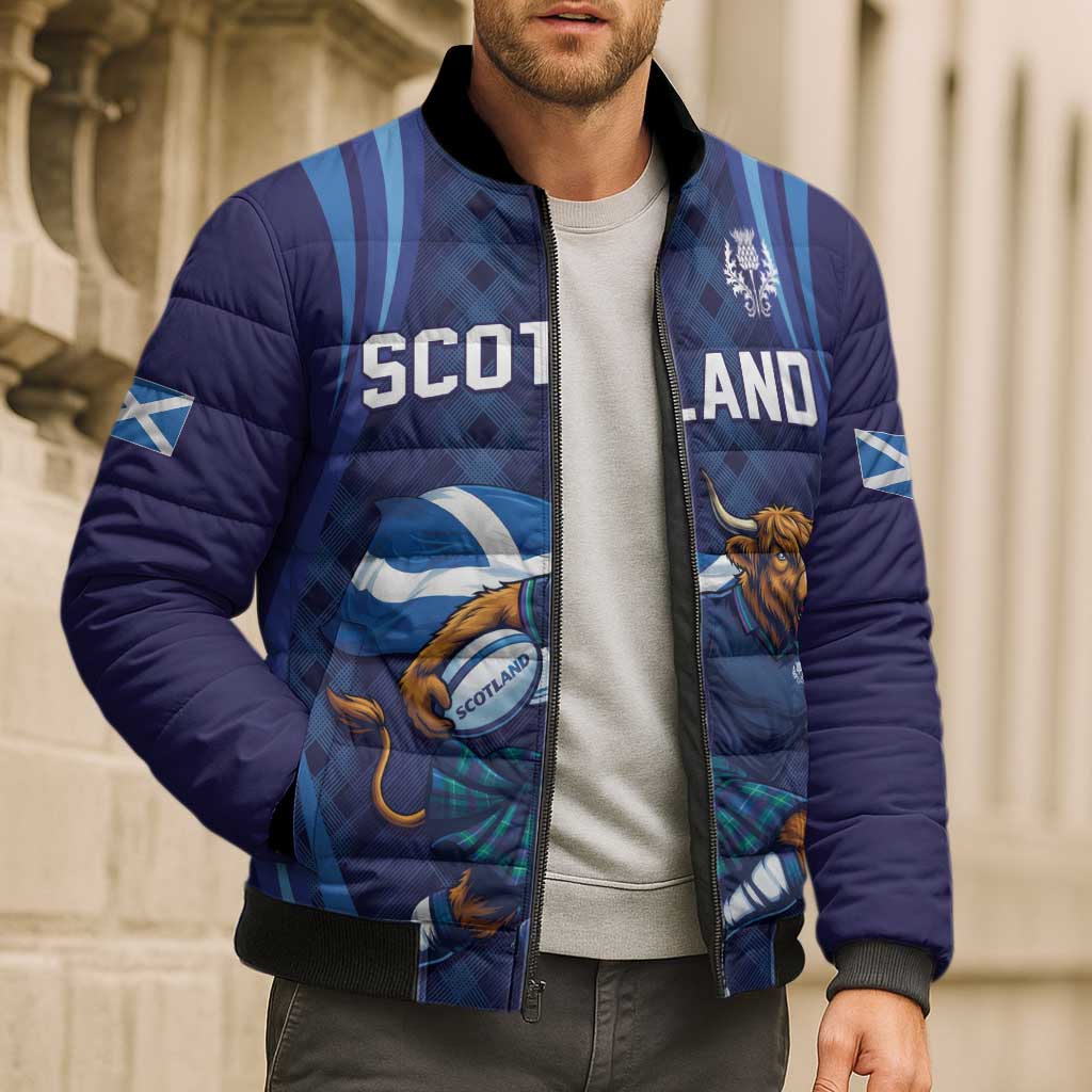 Custom Rugby Scotland Bomber Puffer Jacket Highland Cow Mascot Go Scottish