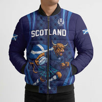 Custom Rugby Scotland Bomber Puffer Jacket Highland Cow Mascot Go Scottish