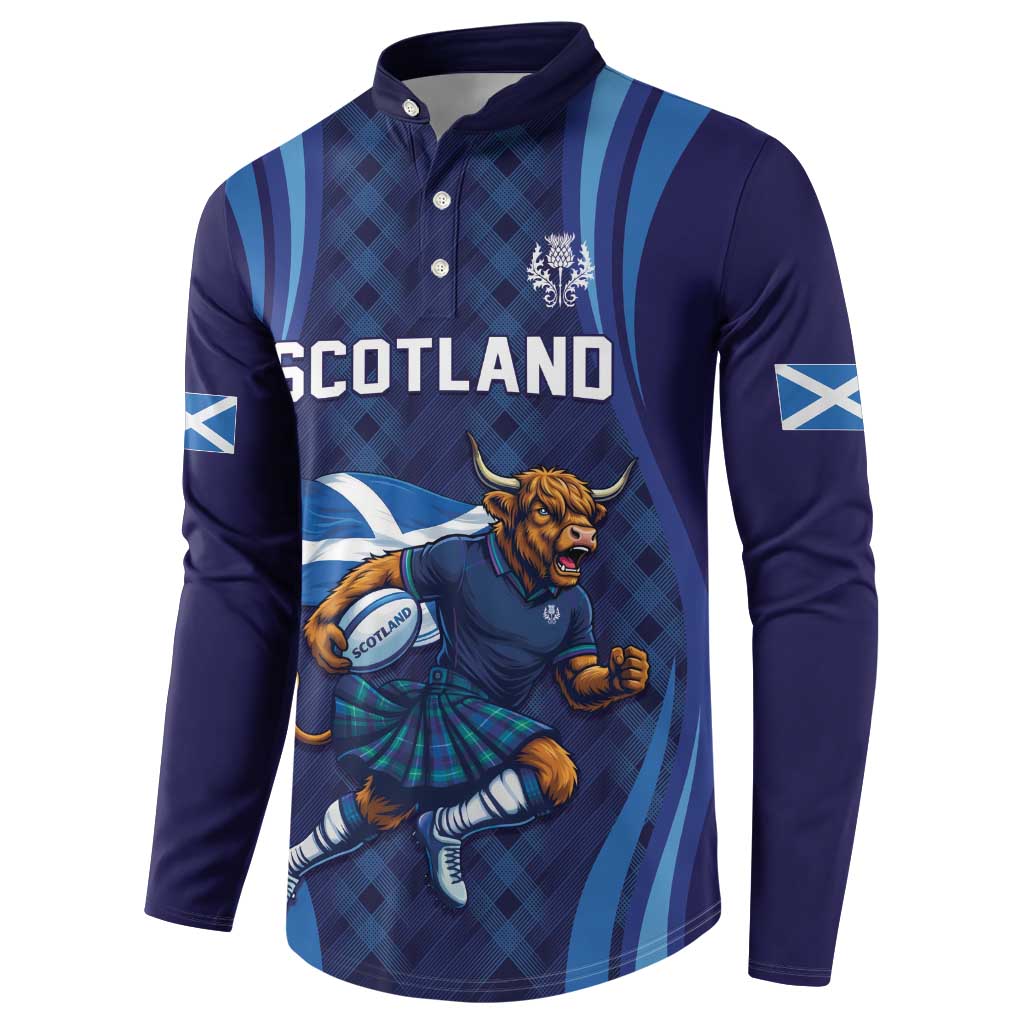 Custom Rugby Scotland Button Sweatshirt Highland Cow Mascot Go Scottish