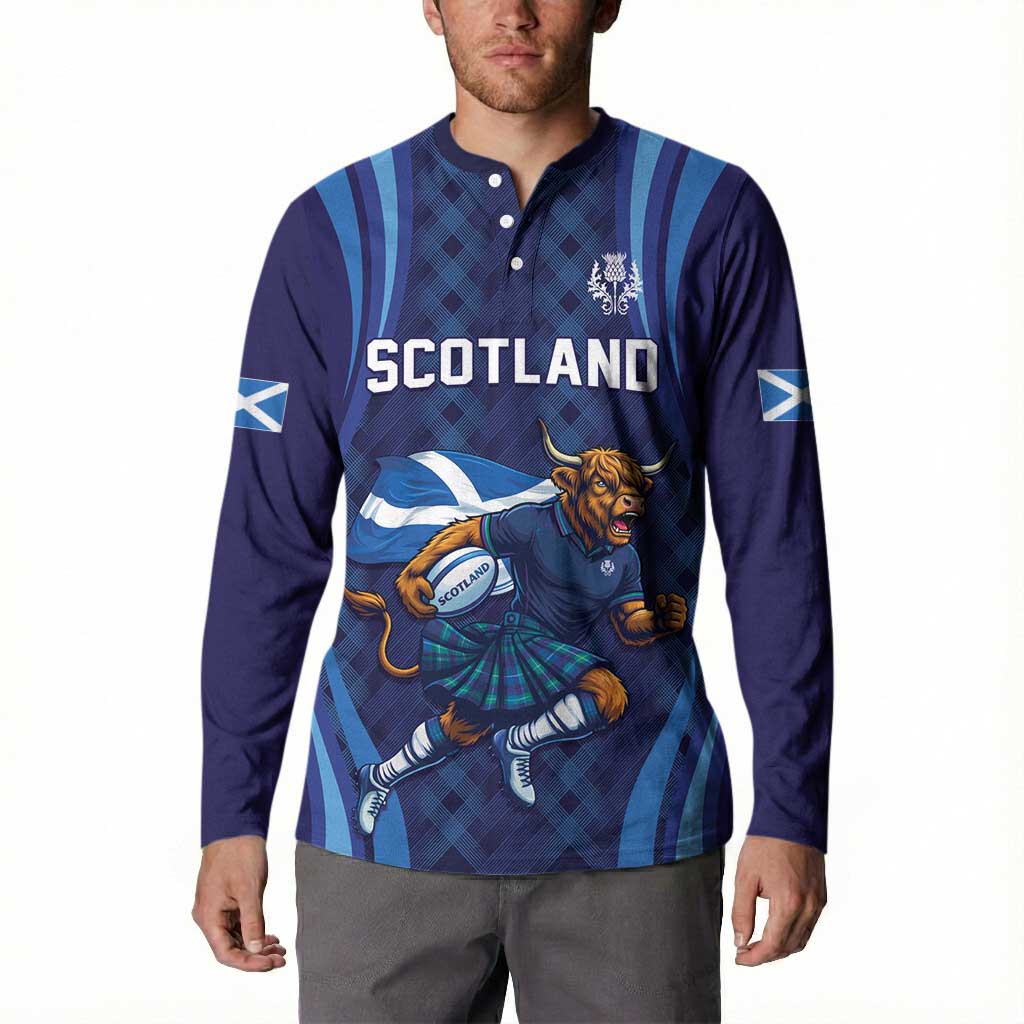 Custom Rugby Scotland Button Sweatshirt Highland Cow Mascot Go Scottish