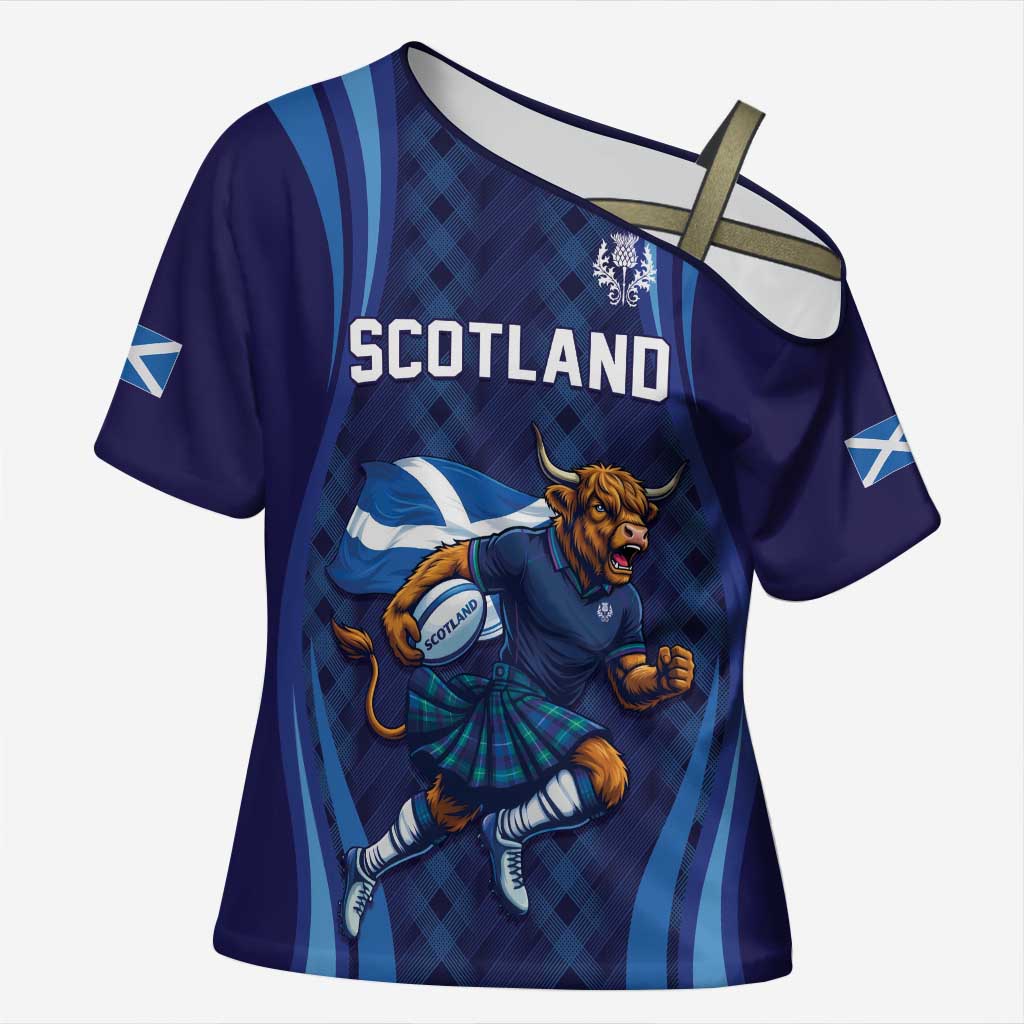 Custom Rugby Scotland Cross Shoulder Shirt Highland Cow Mascot Go Scottish
