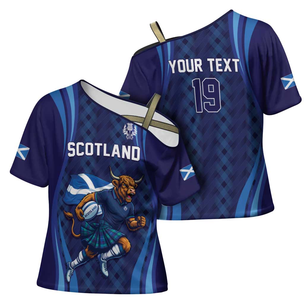 Custom Rugby Scotland Cross Shoulder Shirt Highland Cow Mascot Go Scottish